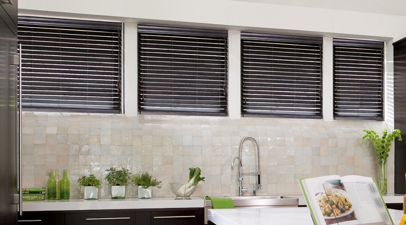 Wood blinds in kitchen